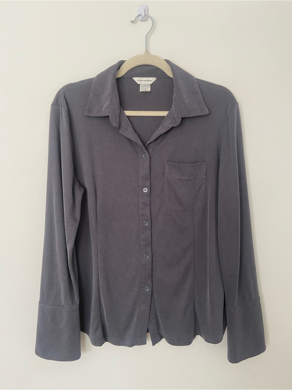 Club Monaco Tricot Ribbed Shirt Womens Dark Grey Modal Blend Button Up Large